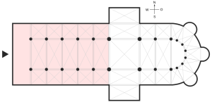 Schematical illustration of a plan view of a cathedral, with the coloured area showing the nave. "Langhaus" by Benutzer:Leonce49 at the German language Wikipedia. Licensed under CC BY-SA 3.0 via Wikimedia Commons